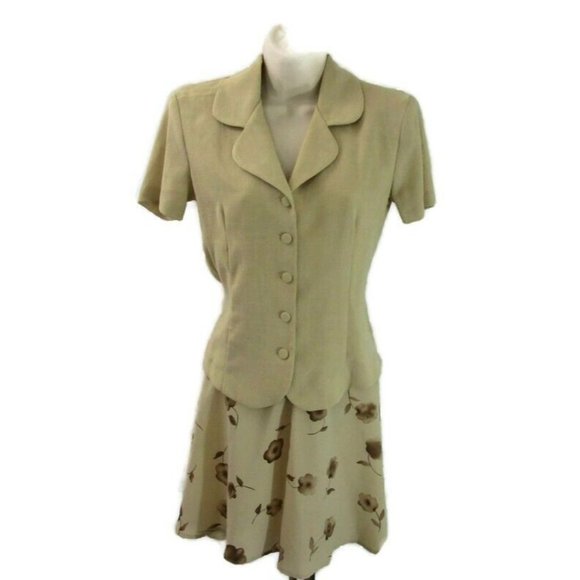 Jonathan Martin 2 Pc Skirt Suit Size 7 Almond/Beige Jacket Blazer & Floral Skirt - Picture 1 of 11